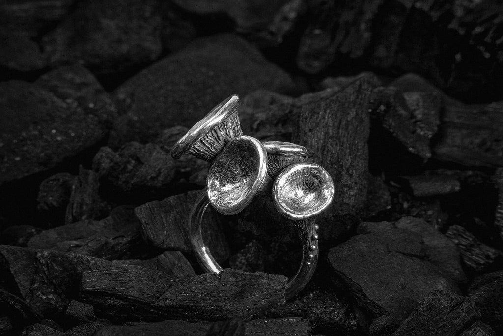 Silver ring with mushrooms