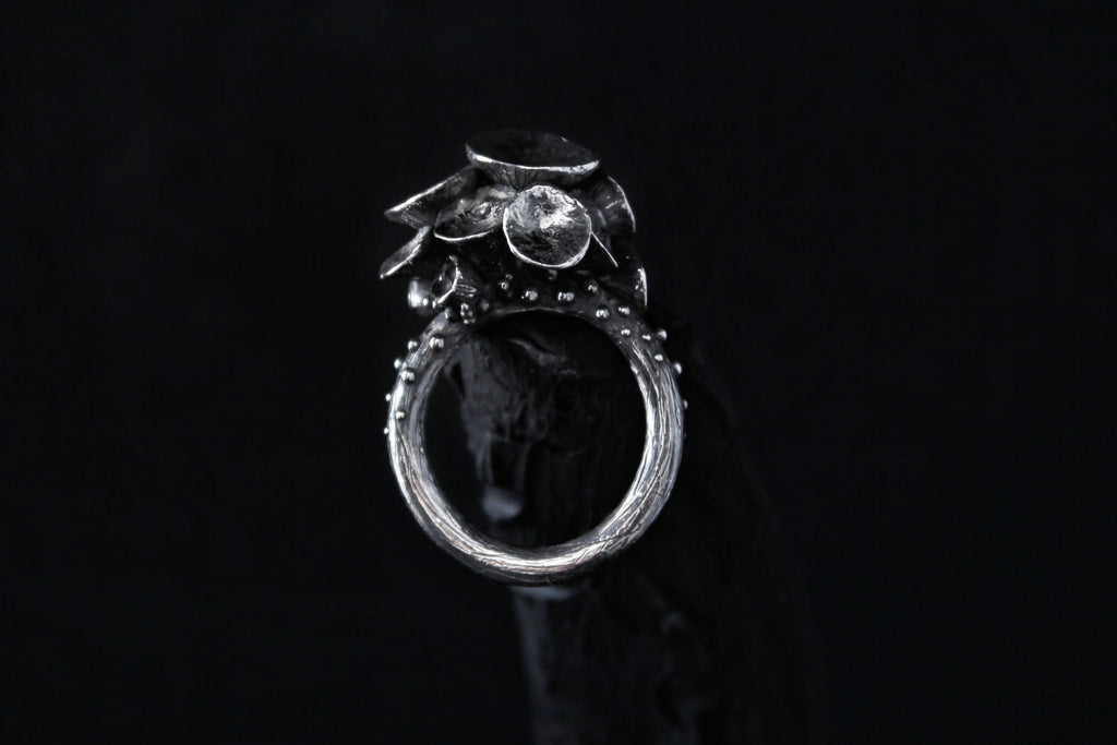 Handcrafted detailed oxidised silver mushroom ring number 7 - Natt Jewellery
