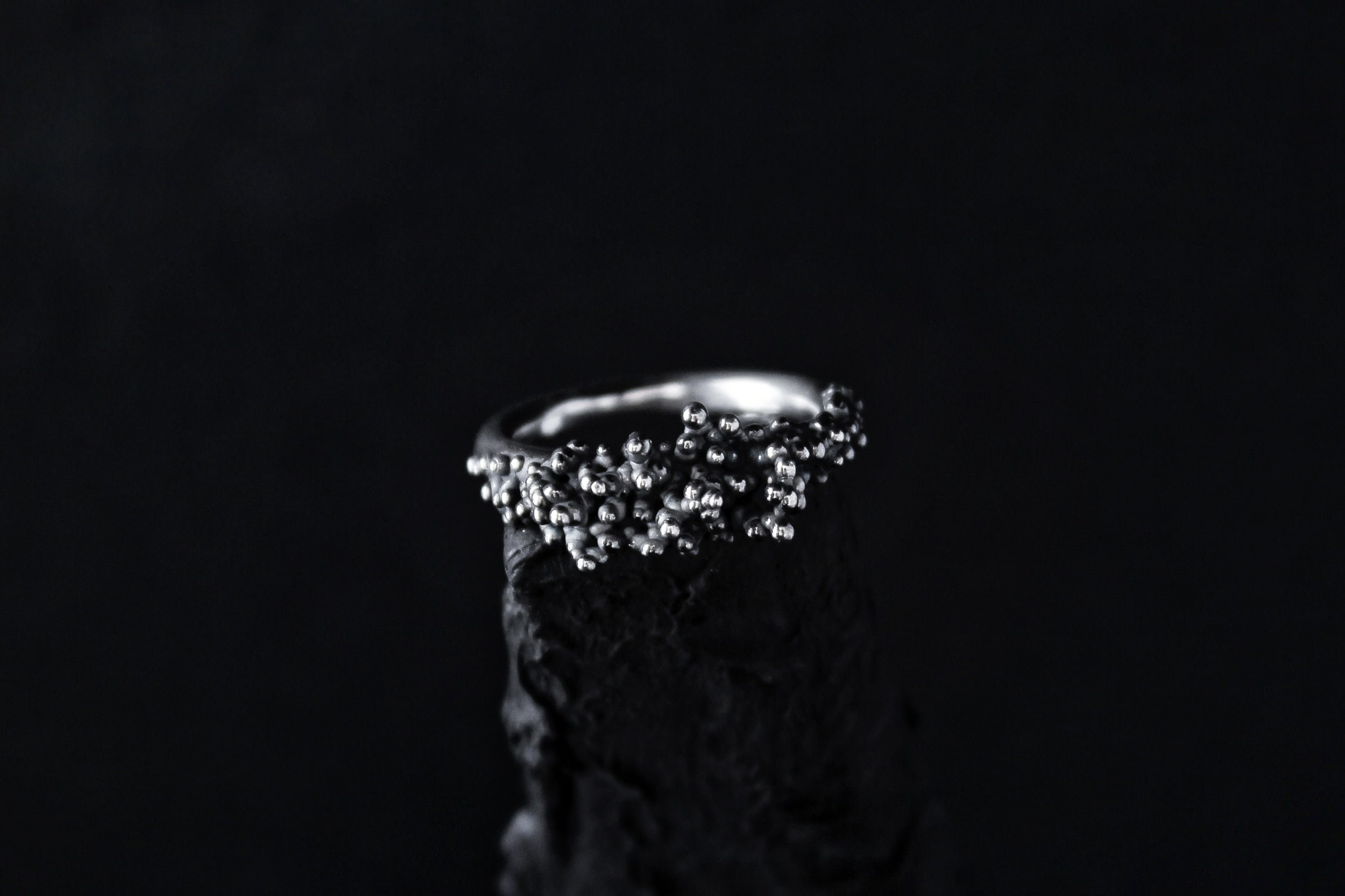 Handcrafted detailed textured oxidised silver droplets ring number 8 - Natt Jewellery