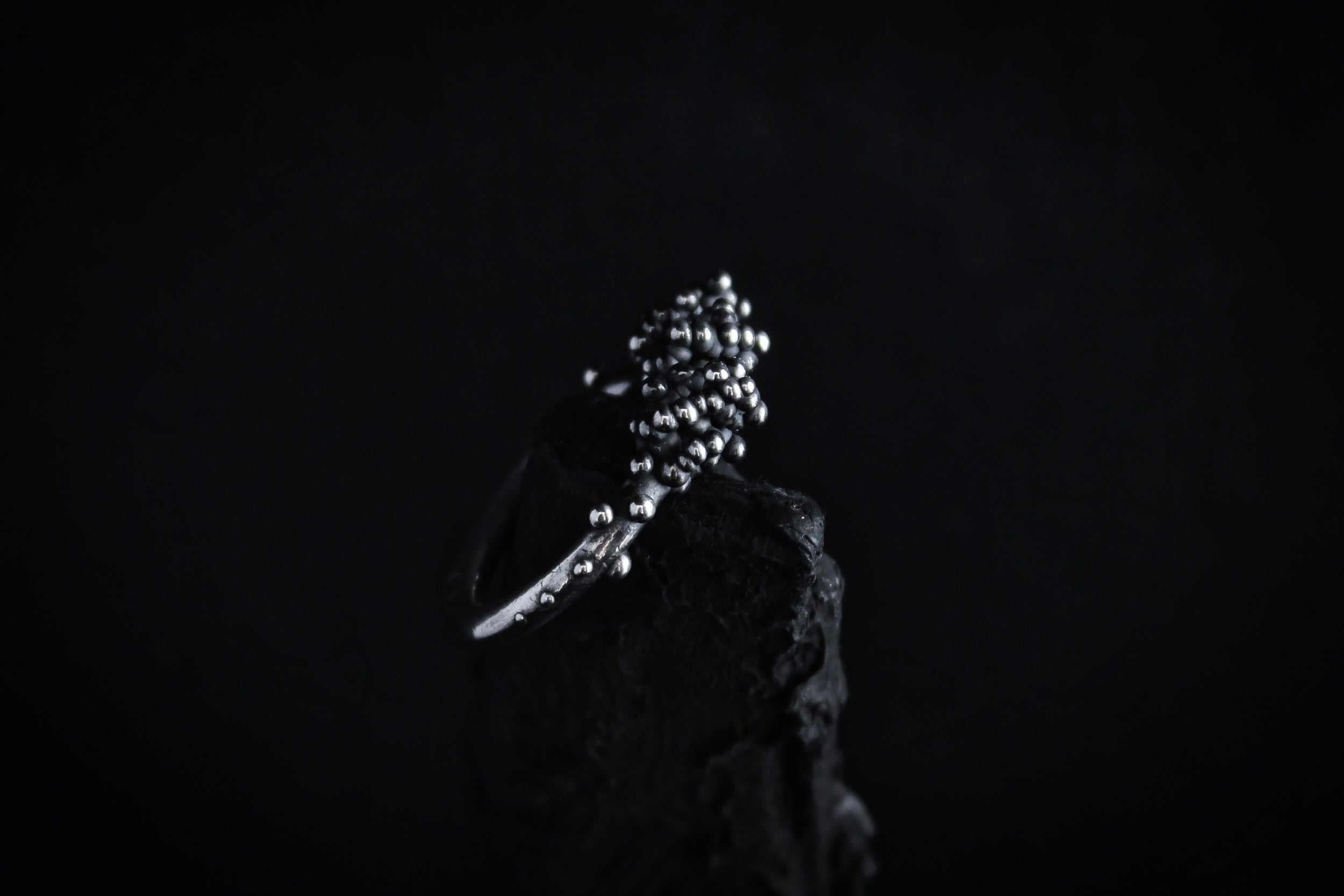 Handcrafted oxidised dark solid silver droplets ring number 2 - Natt Jewellery
