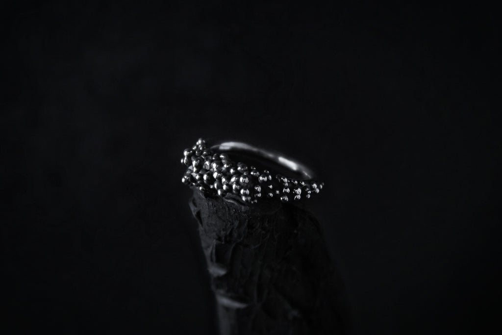 Handcrafted oxidised solid sterling silver droplets ring number 1 - Natt Jewellery
