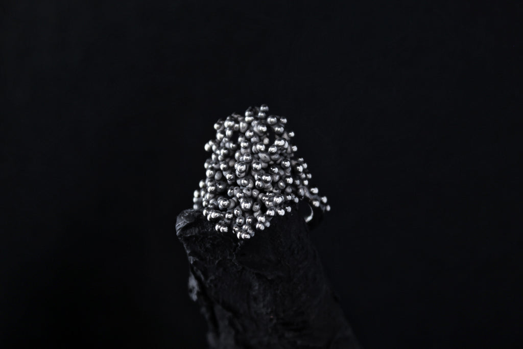 Handcrafted oxidised solid sterling silver droplets ring number 5 - Natt Jewellery