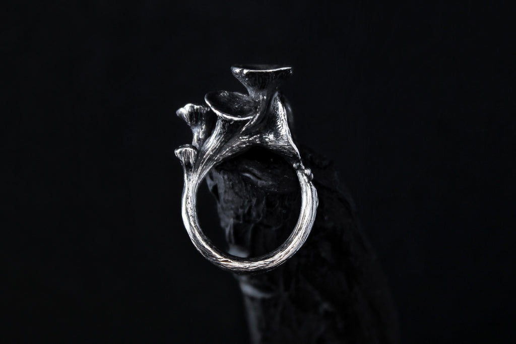 Handcrafted realistic dark solid silver mushroom cluster ring number 2 - Natt Jewellery