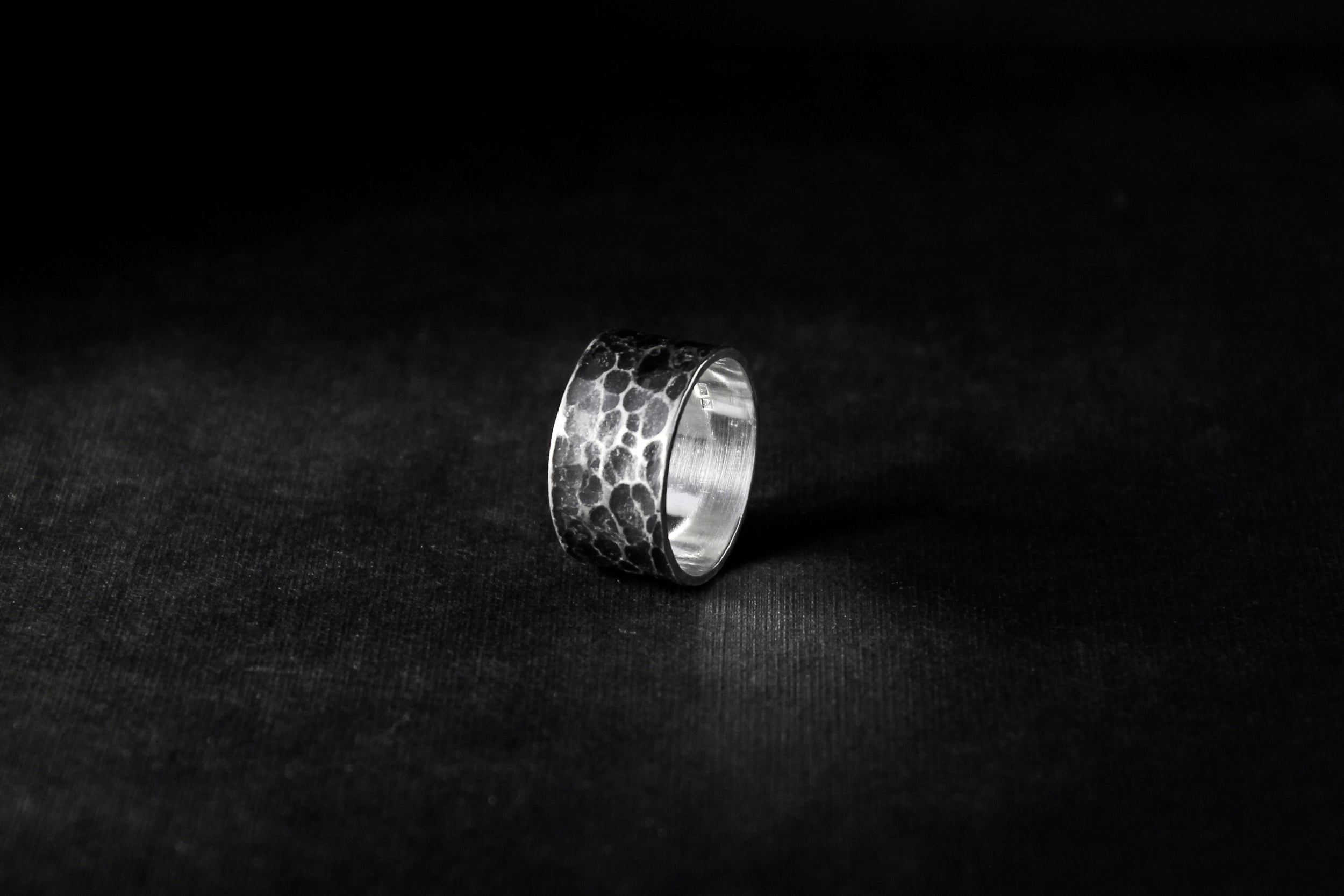Handcrafted wide hammered oxidised silver ring - Natt Jewellery