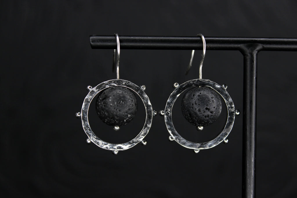 Handcrafted silver earrings with black lava stones - Natt Jewellery