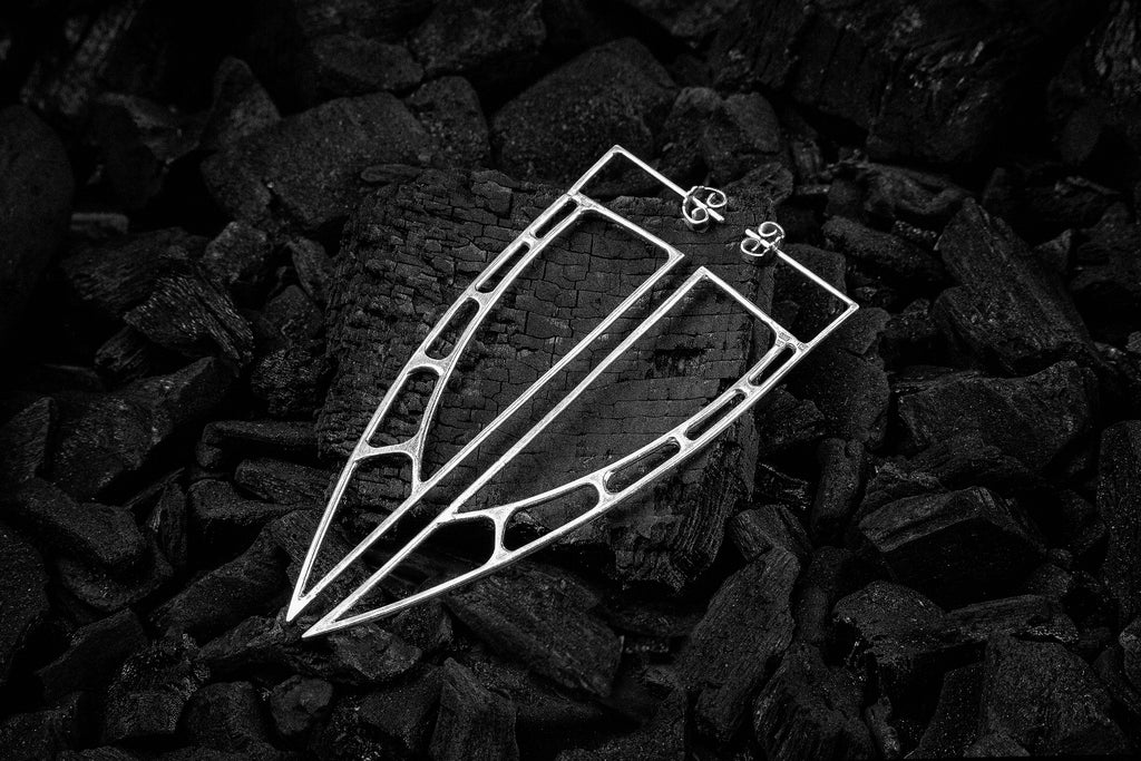 Unique futuristic statement silver earrings Astral Sails large - Natt Jewellery